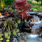Декоративный большой пруд с водопадом и подсветкой на участке